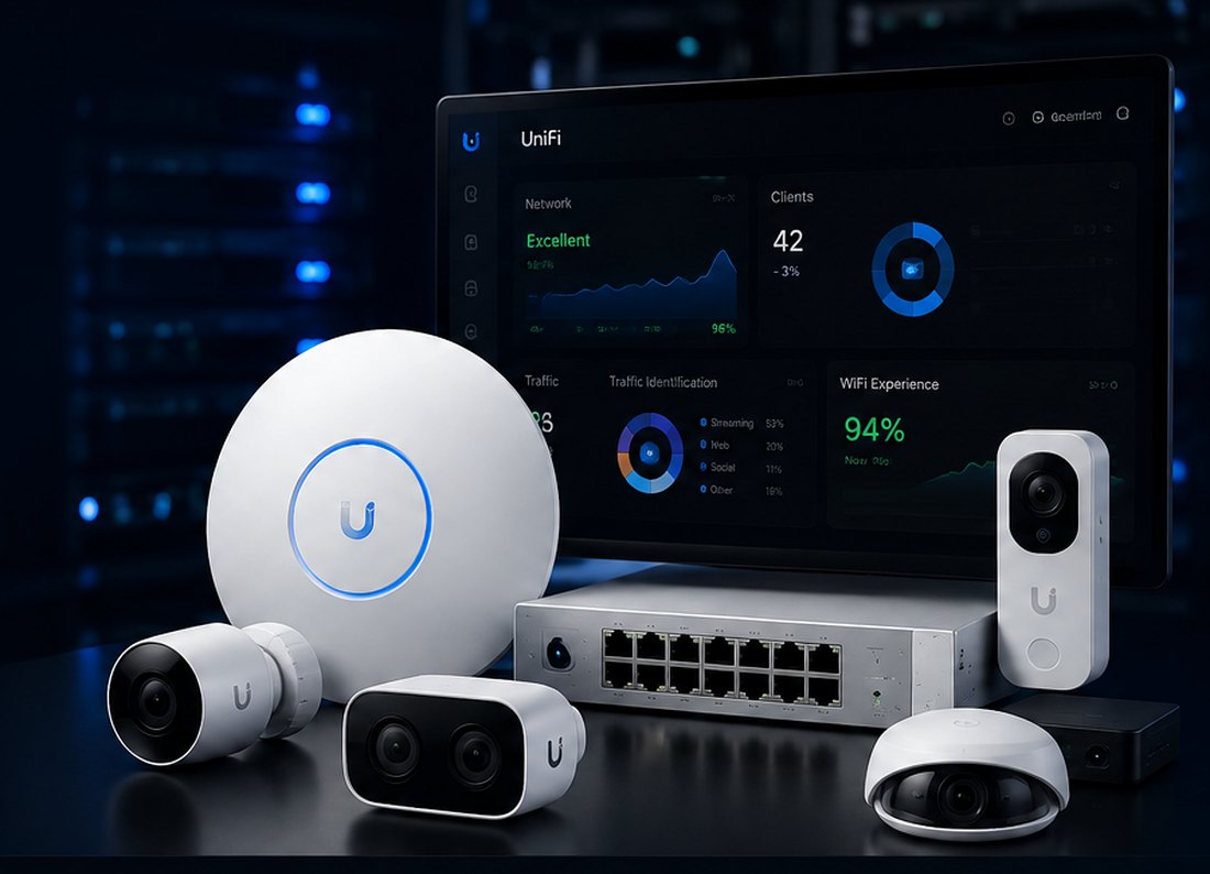 3D-visualisatie van UniFi netwerk- en camera-apparatuur met centraal beheerdashboard